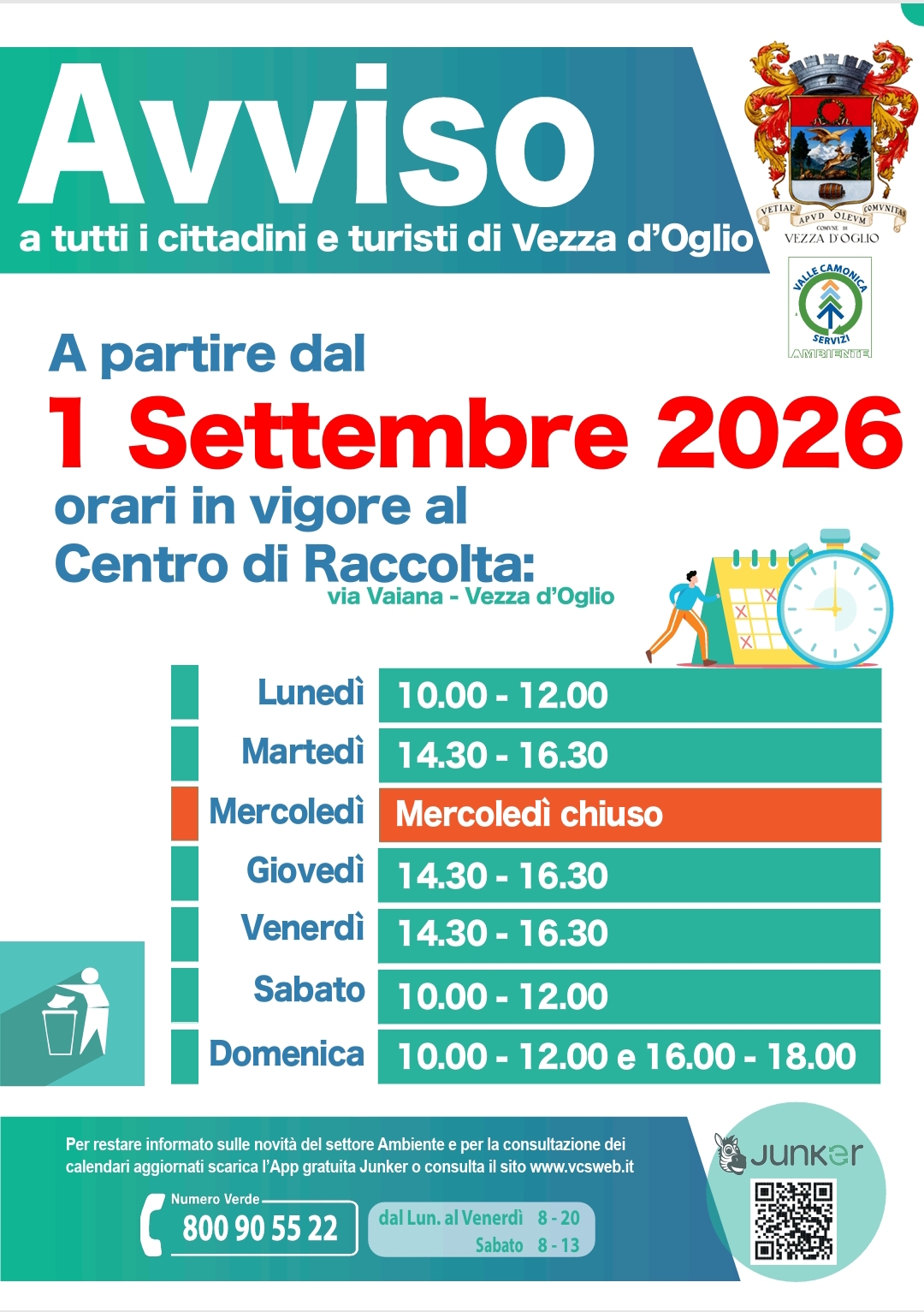 Locandina con gli orari di apertura del centro raccolta rifiuti in località Vaiana dal 1 settembre 2026